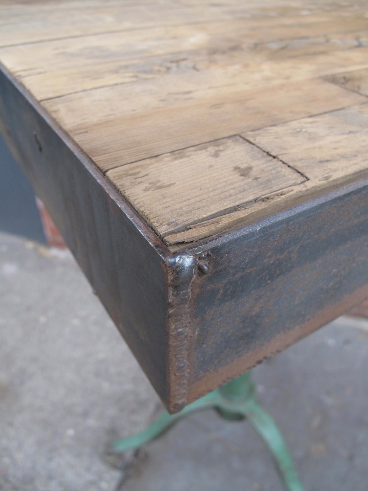 Industrial Table with Green Steel Base and Strap Steel-Wrapped Top In Good Condition For Sale In Brooklyn, NY