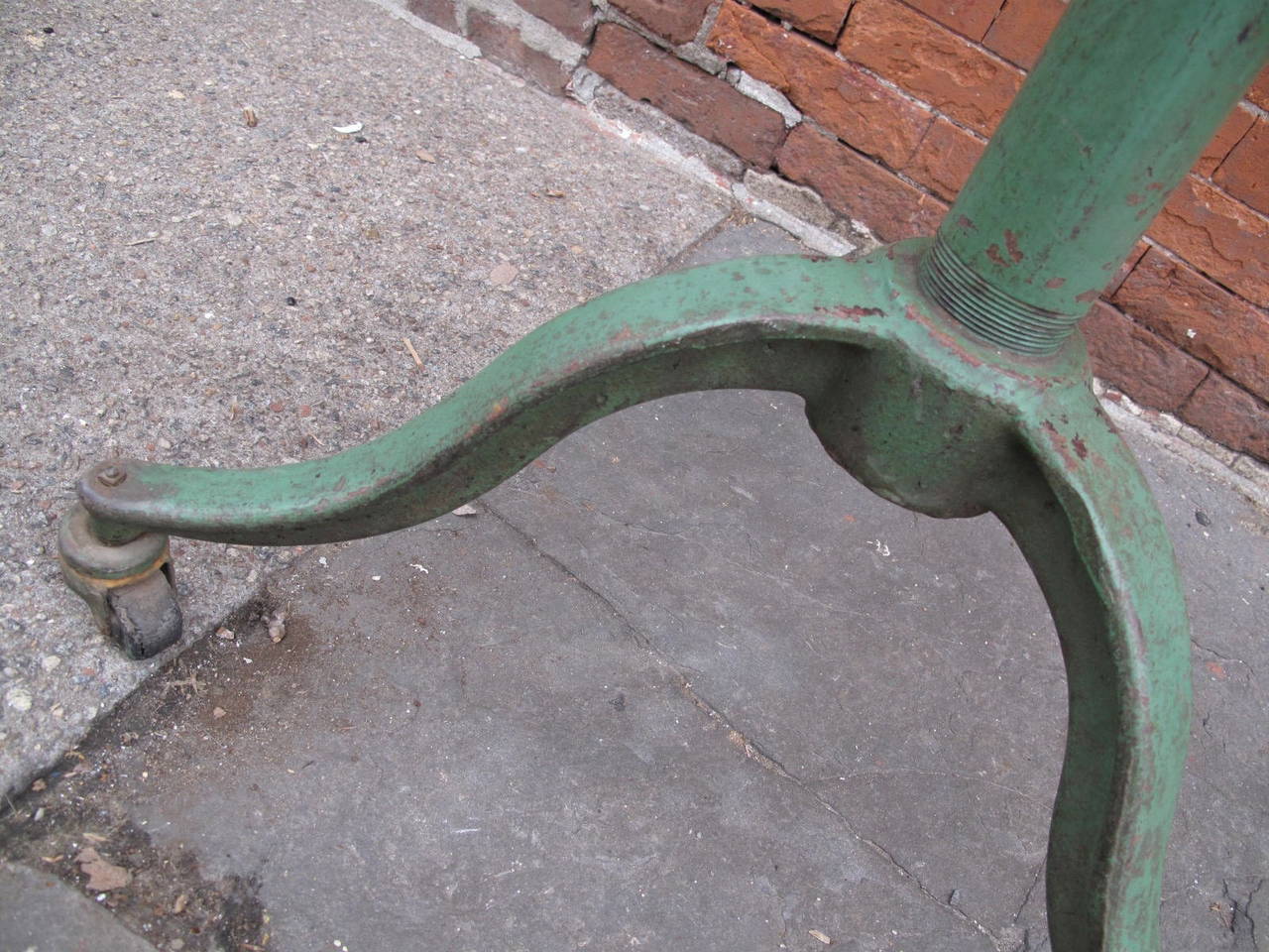 Industrial Table with Green Steel Base and Strap Steel-Wrapped Top For Sale 3