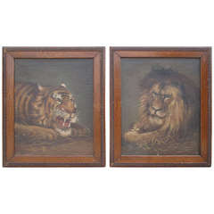 Pair of Oil Paintings depicting wild cats signed Jennie Briggs and dated 1906