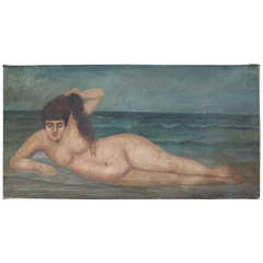 Monumental Seaside Nude Oil on Canvas Painting signed "CT Groom"