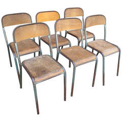 Four Industrial French School Chairs