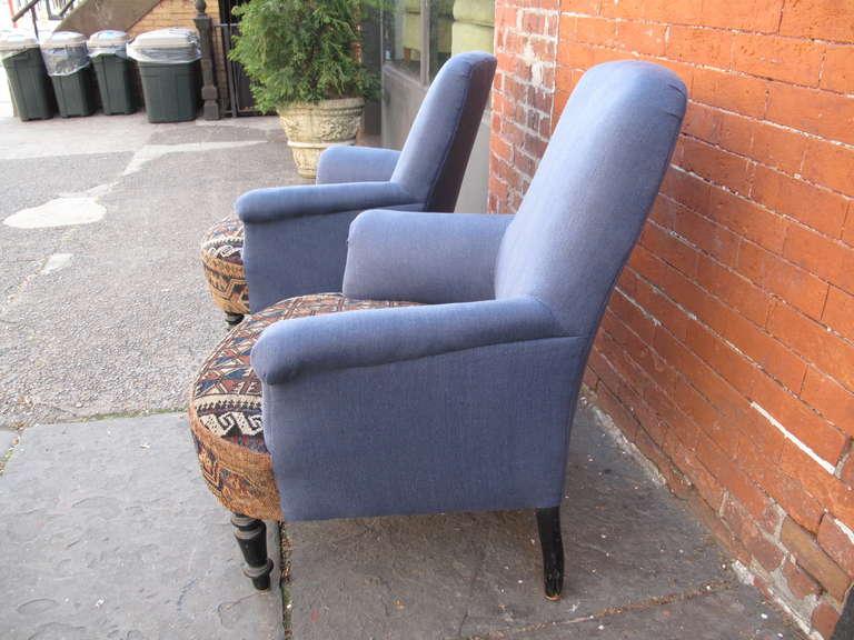 French Pair of Napoleon III Armchairs with Kilim Seats