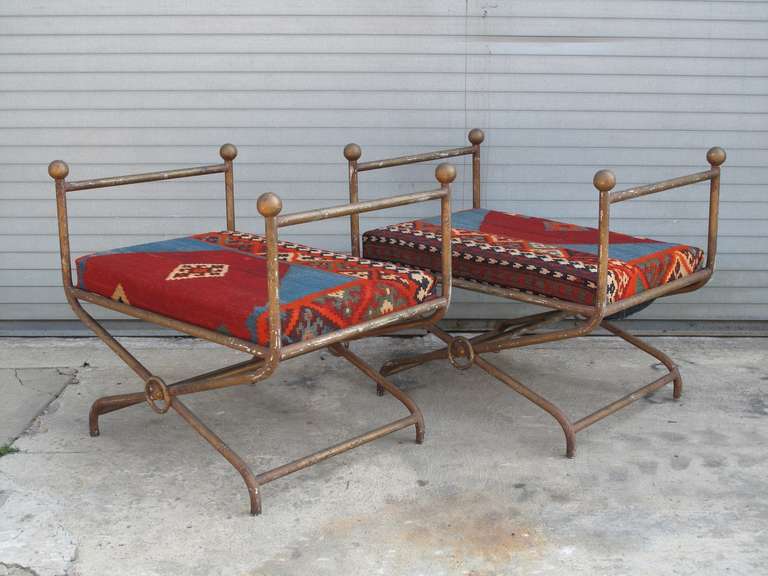 Pair of Iron Benches in Wool Kilim Fragment Upholstery