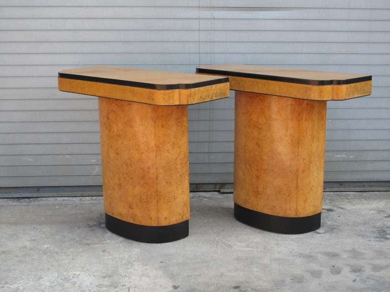 Pair of Burl Wood Veneer Deco Style Consoles