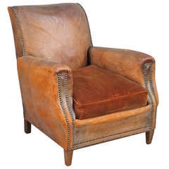 French Leather Club Chair with Loose Velvet Cushion