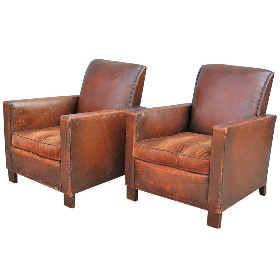 Pair of French Deco Leather Club Chairs