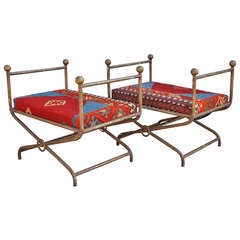Pair of Iron Benches in Wool Kilim Fragment Upholstery
