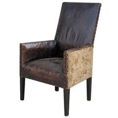 Tailored Highback Leather and Velvet Armchair with Nailhead detail
