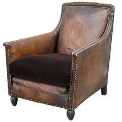 French Leather Club Chair with Brass Studs