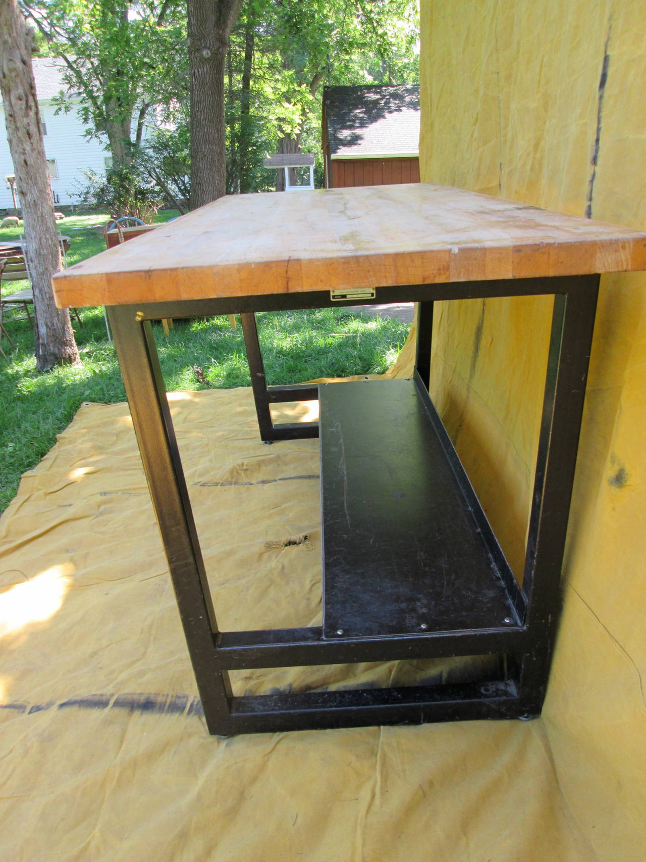 Late 20th Century Butcher Block Island on Painted Steel Base