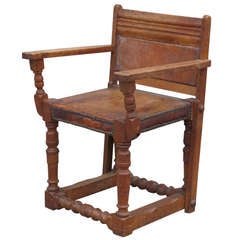 Vintage Oak Armchair with Brass Stud and Leather Seat