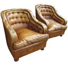Antique Pair of Tufted Leather Tub Chairs