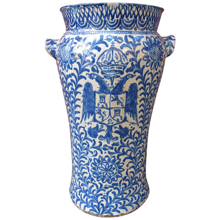 Blue and White Ceramic Umbrella Stand with Coat of Arms at 1stdibs
