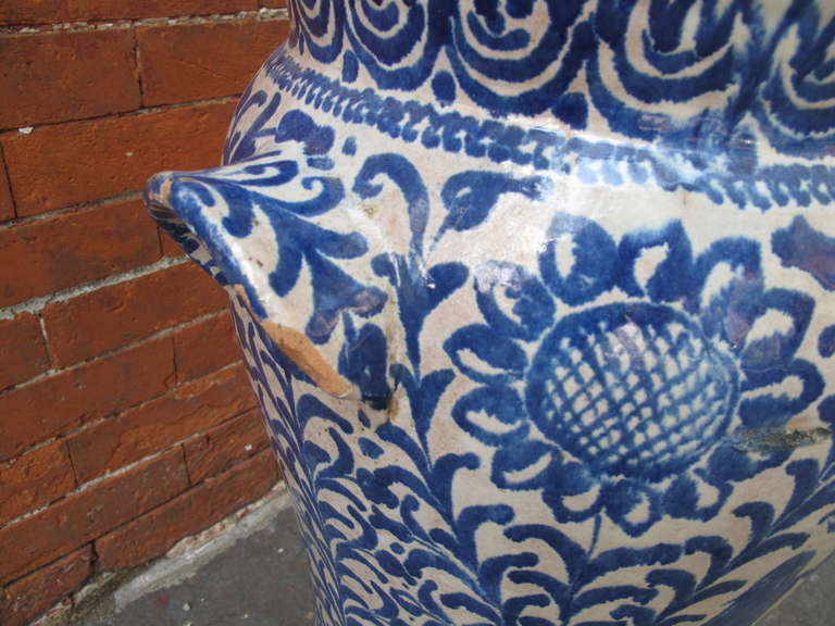 19th Century Blue and White Ceramic Umbrella Stand with Coat of Arms