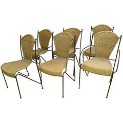 Set of Six Wicker and Blackened Iron Chairs