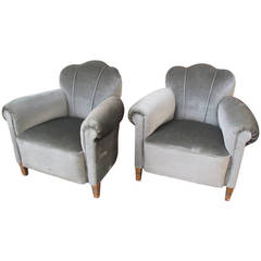 Pair of Clover Back Mohair Velvet Armchairs