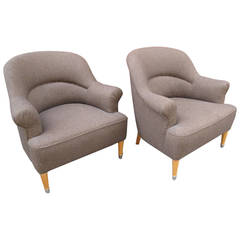 Pair of 1940s Brown Tweed Shellback Armchairs