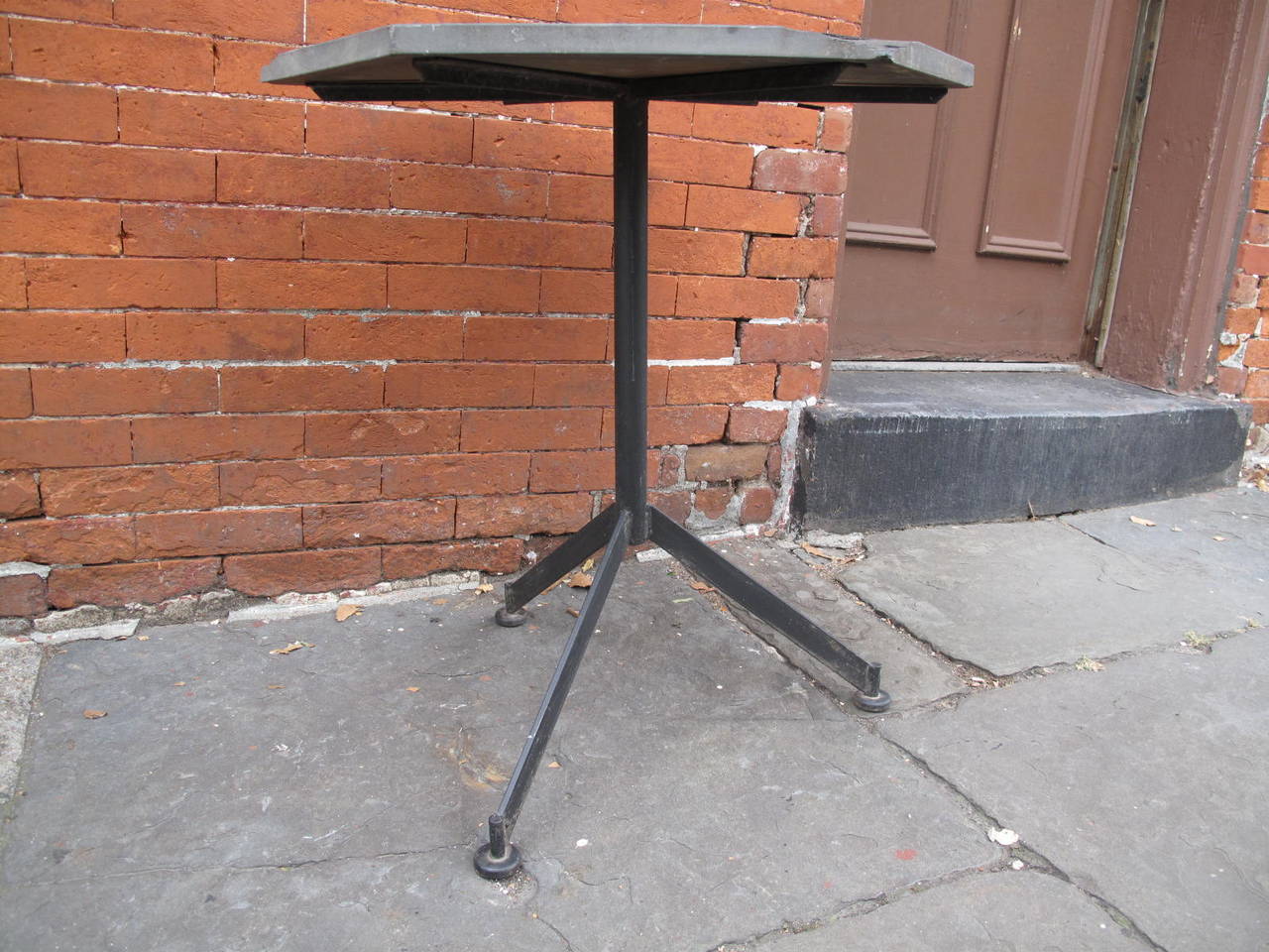 Mid-Century Hexagonal Slate Table on Tripod Iron Base