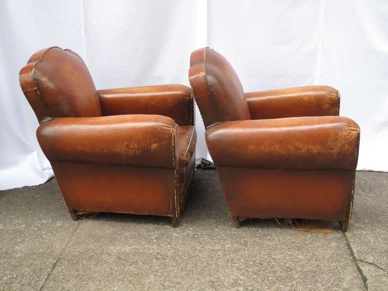Art Deco Pair of French Leather Clover Back Club Chairs