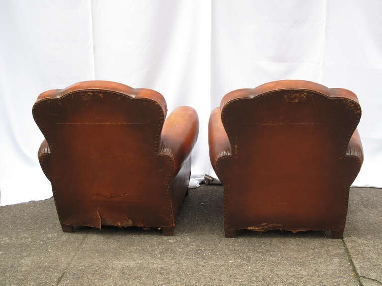 Mid-20th Century Pair of French Leather Clover Back Club Chairs