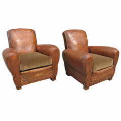 Pair of French Deco Leather Club Chairs with Mohair Cushions
