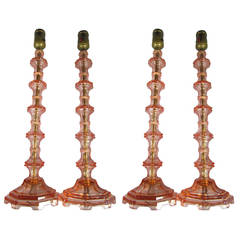 Two Pairs of Rose Glass Table Lamps