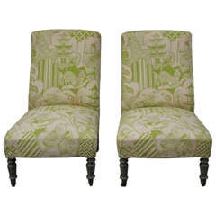 Pair of Napoleon III French Slipper Chairs in Asian Inspired Upholstery