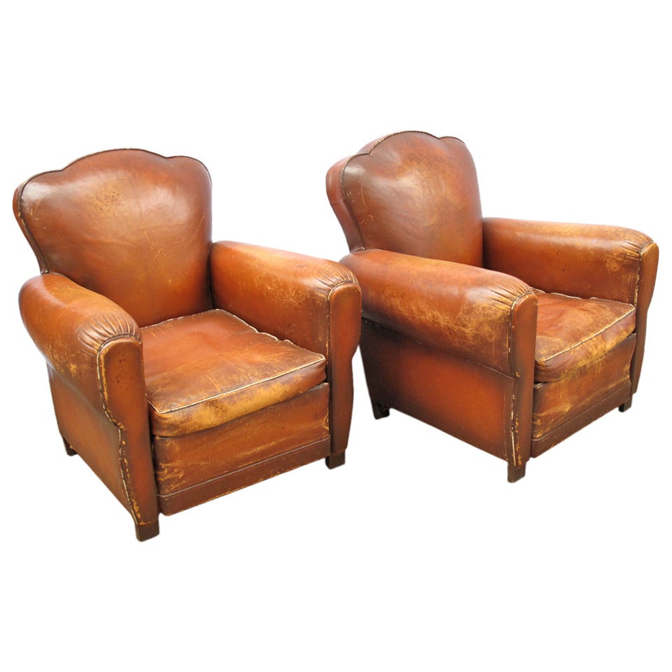 Pair of French Leather Clover Back Club Chairs