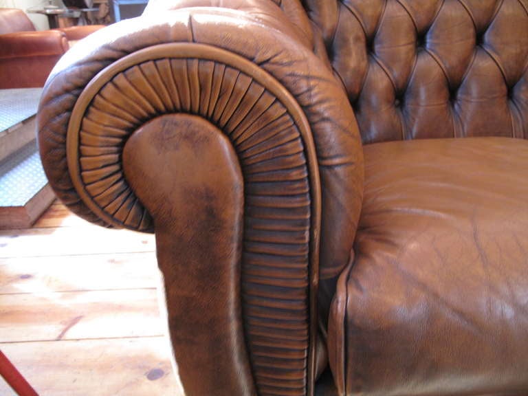 Mid-20th Century Highback Tufted Leather Chesterfield Loveseat with Pleated Detail