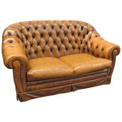 Retro Highback Tufted Leather Chesterfield Loveseat with Pleated Detail