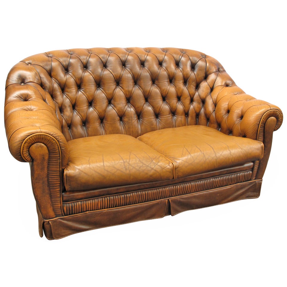 Highback Tufted Leather Chesterfield Loveseat with Pleated Detail