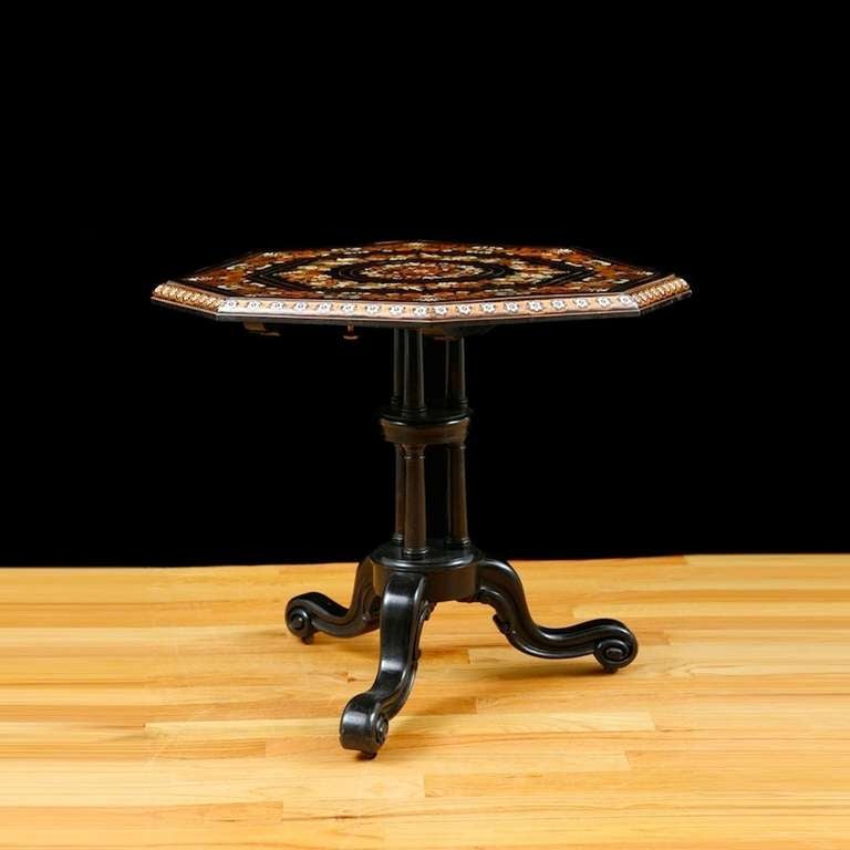 Octagonal Tilt-Top Table in Ebonized Wood with Inlays of Mother of Pearl and Various Woods, England circa 1840 1