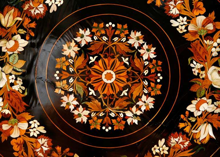 English Octagonal Tilt-Top Table in Ebonized Wood with Inlays of Mother of Pearl and Various Woods, England circa 1840