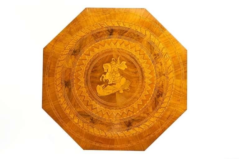 Octagonal Northern Italian Marquetry Table in Walnut depicting Saint George and the Dragon circa 1885 In Excellent Condition In Miami, FL