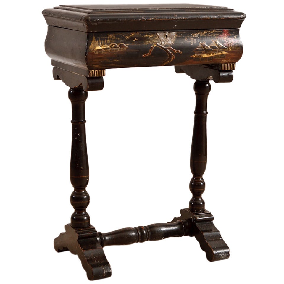 Antique Chinoiserie Table w/ Painted Landscape Scenes over Black Lacquered Wood