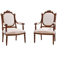 Pair of French Antique Louis XVI Style Armchairs in Walnut, circa 1870