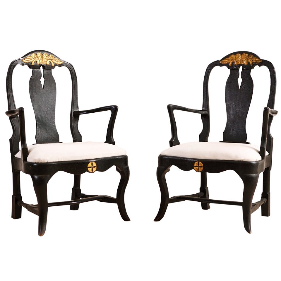 Pair of Antique 18th Century Ebonized Swedish Armchairs