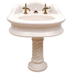 Antique Victorian Pedestal Sink in Cast Earthenware with White Porcelain Glaze, c. 1880
