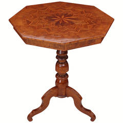 Italian Octagonal Walnut Marquetry Table with Tripod Center Pedestal