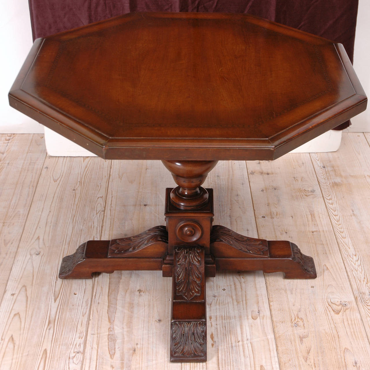 Renaissance Revival Neo-Renaissance Octagonal Table in Walnut with Acanthus Carved Center Pedestal