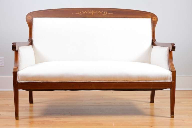 Neoclassical Revival Settee Sofa/ Loveseat in Cuban Mahogany with Satinwood Inlays, Denmark, c. 1900 For Sale