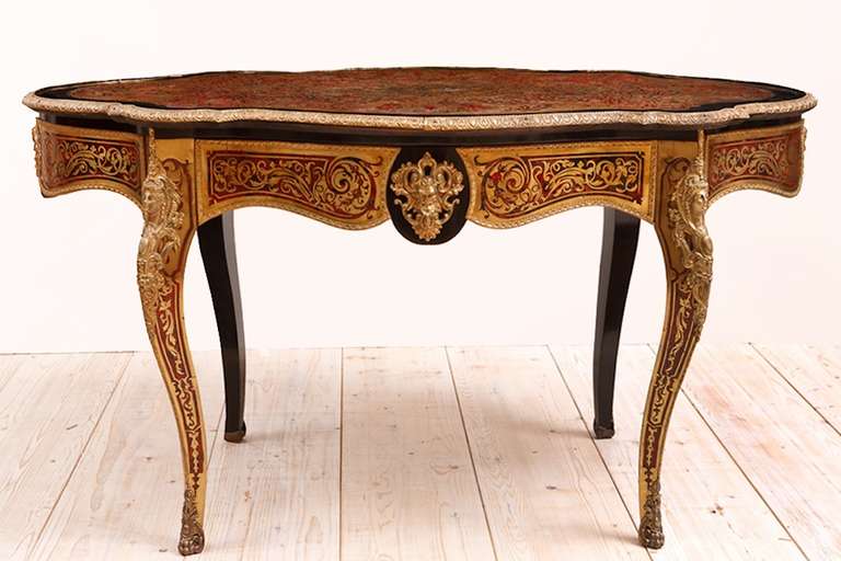 19th Century French Napoleon III Boulle Center Table in Tortoise Shell and Brass Inlay
