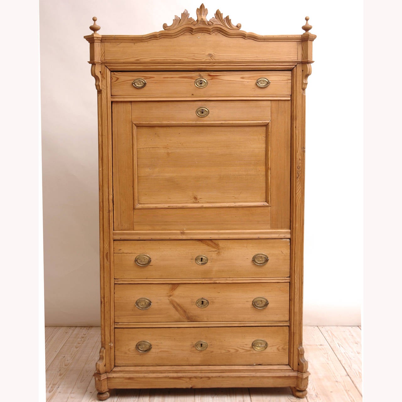 Carved 19th Century German Louis Philippe Pine Secretary with Fall Front 