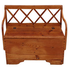 19th Century Small Pine Bench with Lattice Back and Hinged-Top