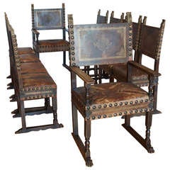 Antique Set of Ten (10) Italian Renaissance Revival Chairs in Original Leather c. 1880