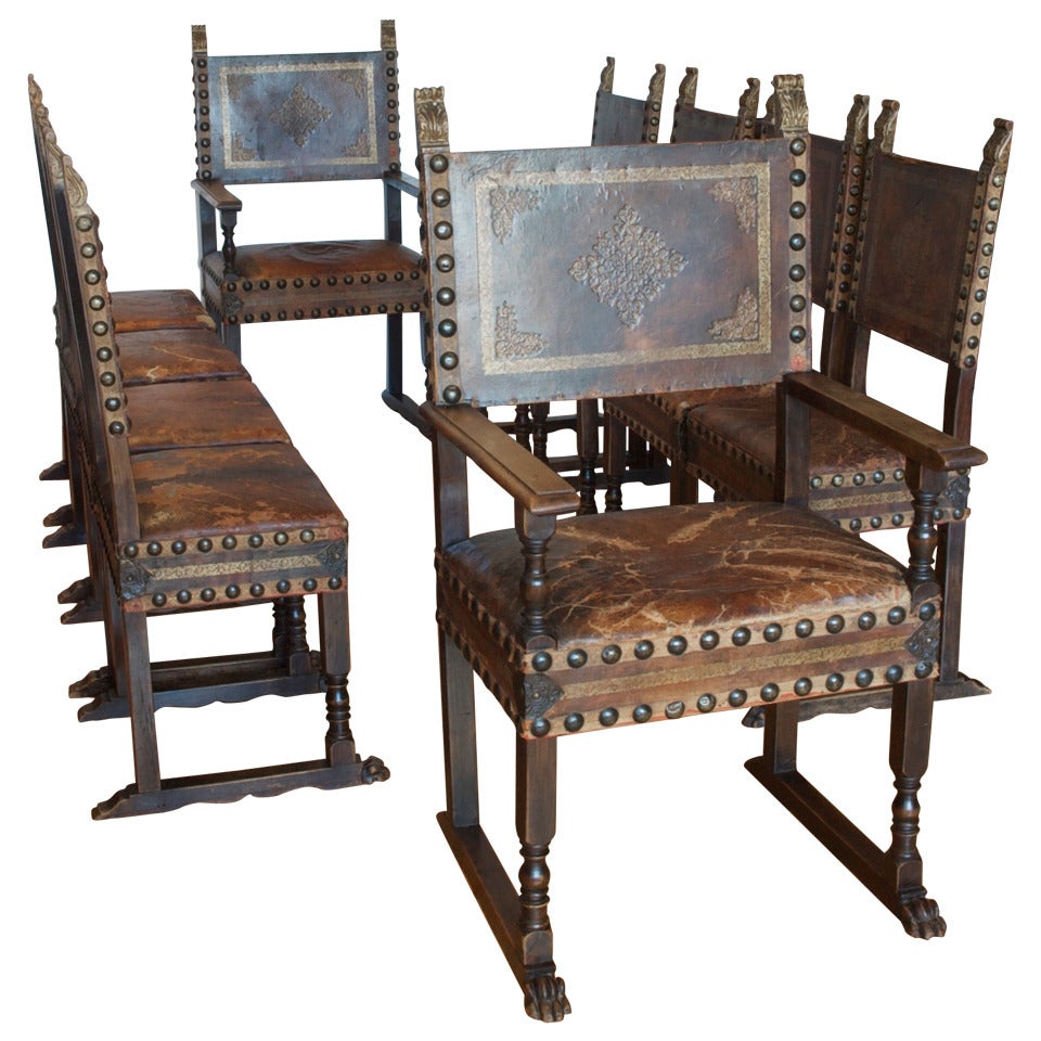 Ensemble de dix (10) chaises italiennes Renaissance Revive en cuir d'origine c. 1880