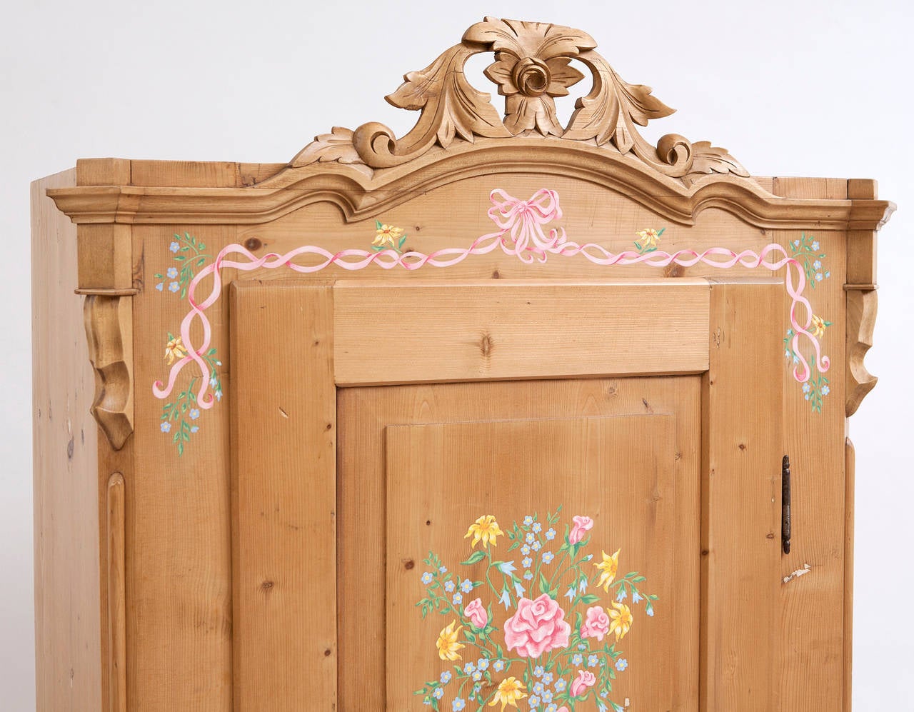 Louis Philippe Pine Armoire with Later Painting of Flowers and Festoons, Germany, circa 1850