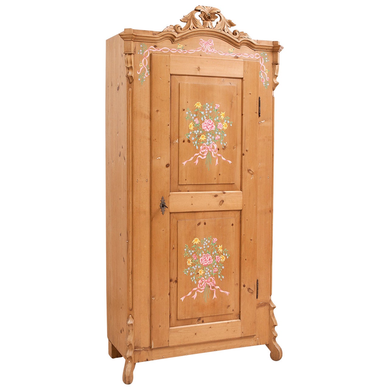 Pine Armoire with Later Painting of Flowers and Festoons, Germany, circa 1850
