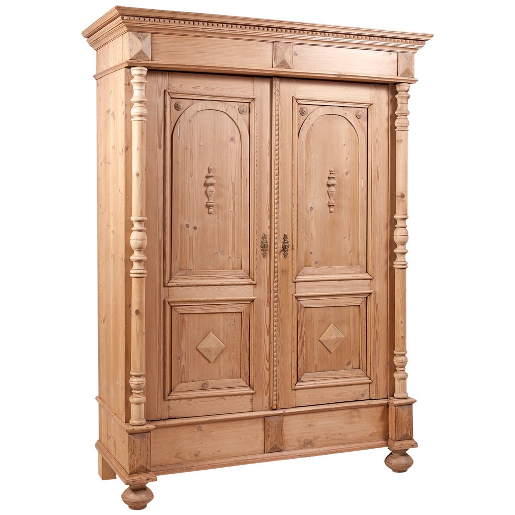 German Two-Door Pine Armoire with Full Columns and Paneled Doors, circa 1895