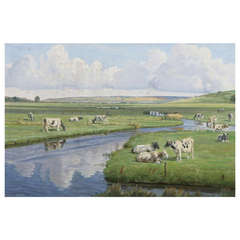 "Landscape with Cattle" Oil on Canvas, Signed RX CHR, 1926